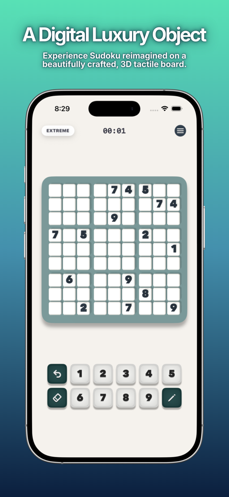 Sudoku Aura: No Ads Game - A minimalist 3D Sudoku board with volumetric numbers and soft shadows on an iPhone