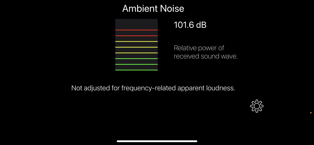 Ambient noise meter interface in Rul3r app measuring 101.6 decibels