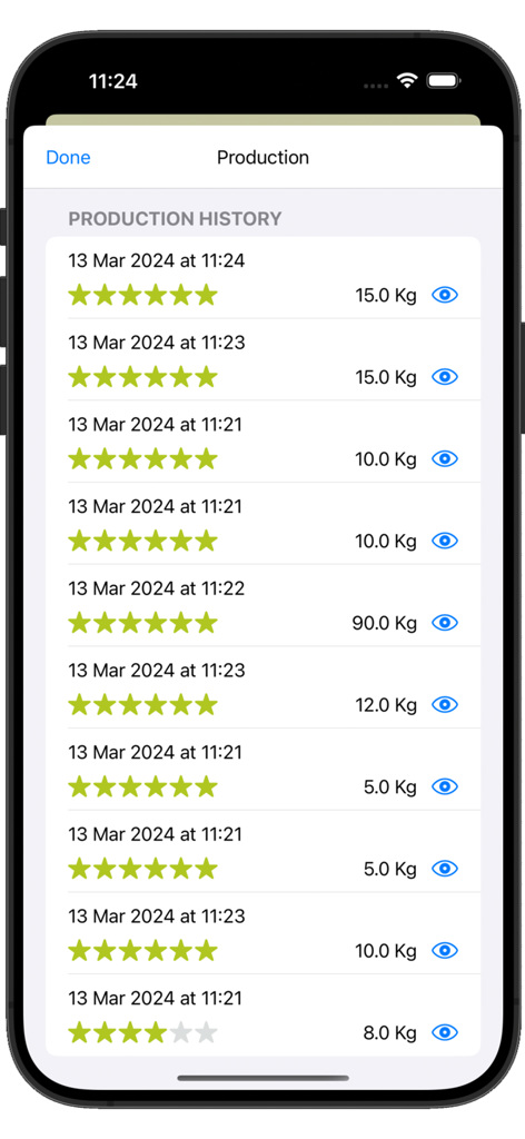 Gelato Maestro Pro: Recipe - Schermata della cronologia di produzione che mostra valutazioni dei lotti e pesi in chilogrammi