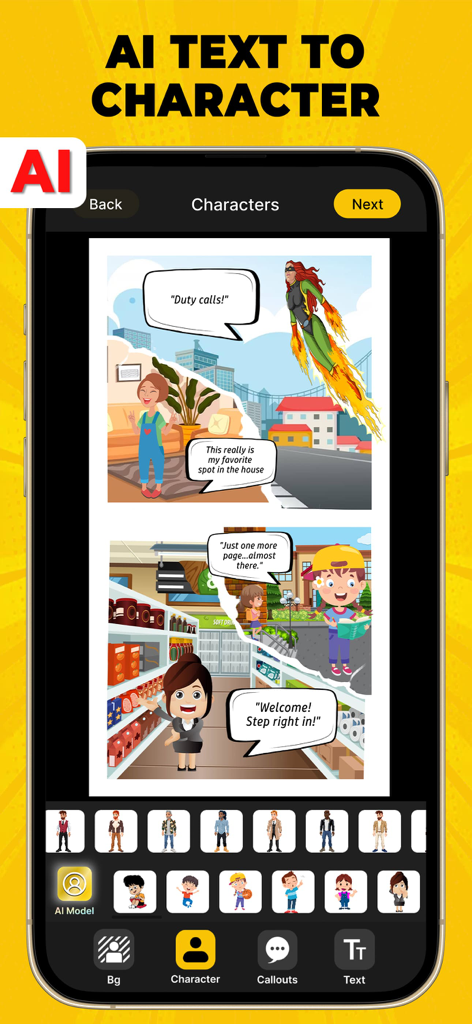 AI text to character feature and comic strip panels in the Comic Cartoon Story Maker app interface