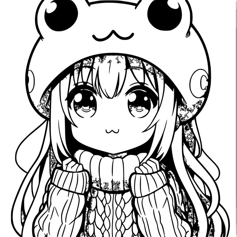 anime girl with a big sweater with a frog hat
