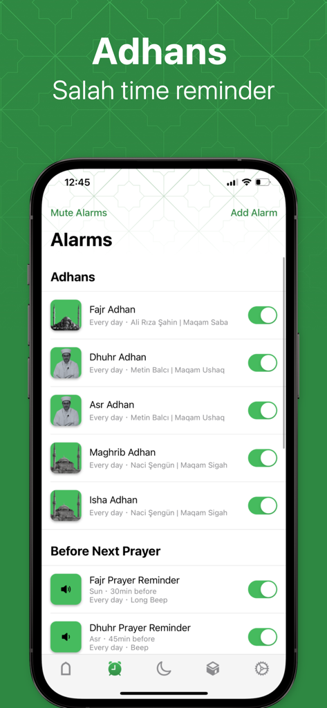 Impostazioni degli allarmi Adhan e dei promemoria degli orari di preghiera nell'app Namaz