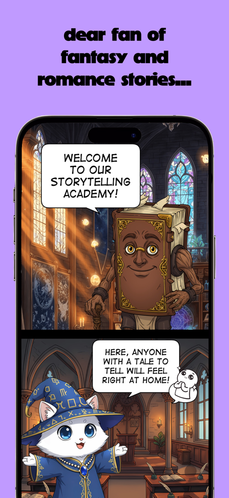 toongether: magic comics - Comic panels featuring a book character and a wizard cat at a magic storytelling academy.