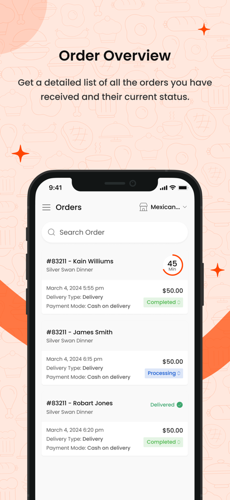 FoodMato Restaurant Partner - Order overview screen in the FoodMato app showing a detailed list of customer orders with status indicators like processing and completed.