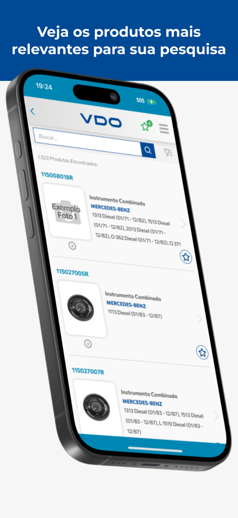 VDO App Suchergebnisse zeigen eine Liste von Mercedes-Benz Autoteilen auf einem Smartphone