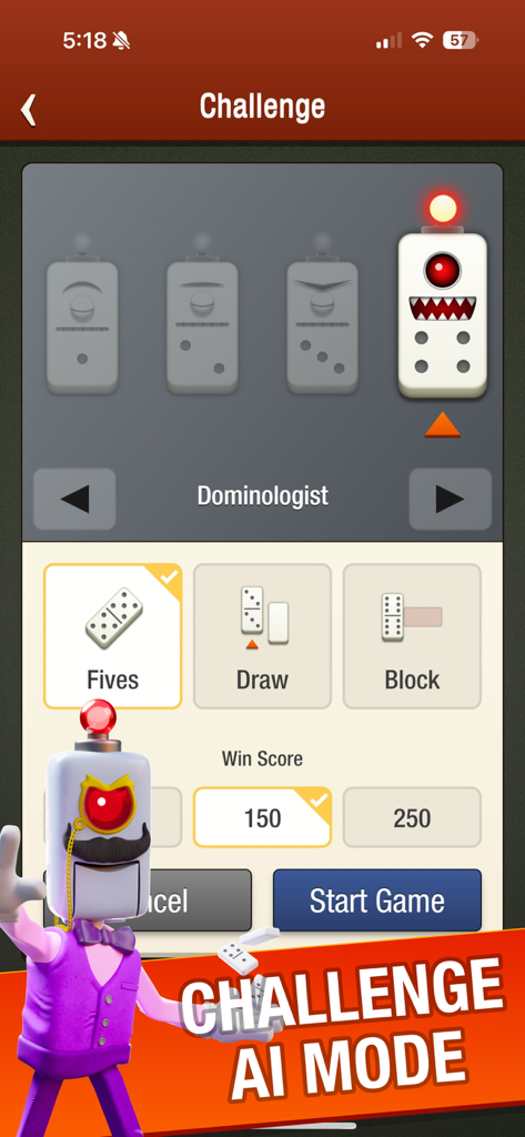 Tela de configurações do modo de desafio de IA no Domino Multiplayer, mostrando tipos de jogo e níveis de dificuldade