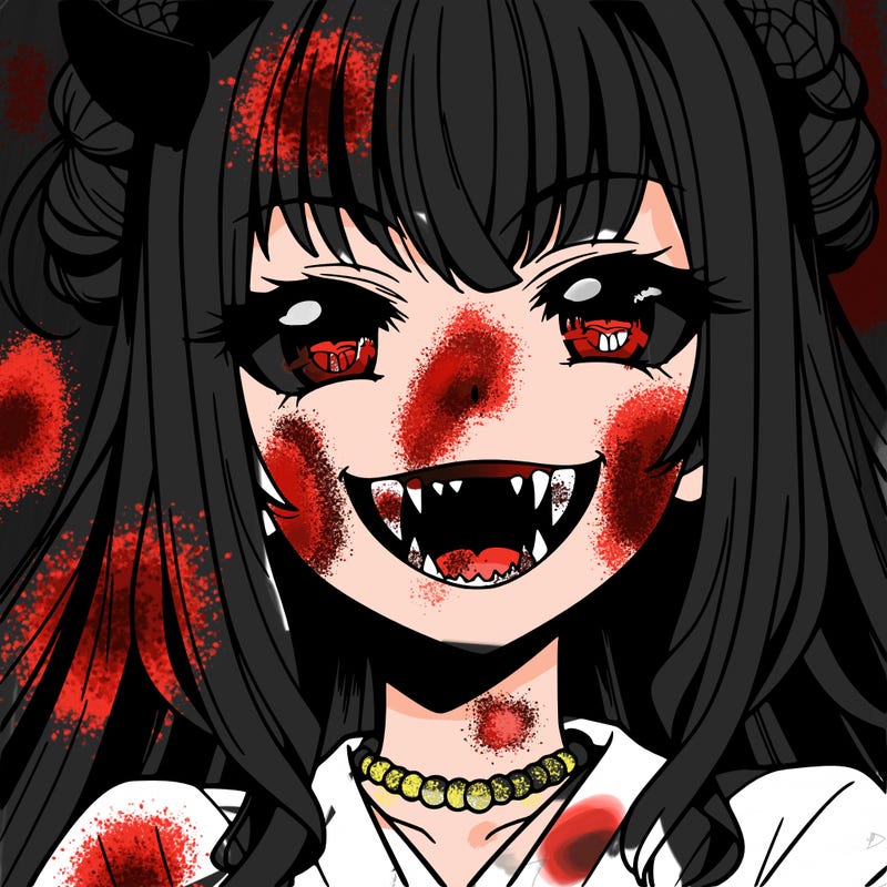 anime girl, vampire teeth,demon slayer themed, evil smile