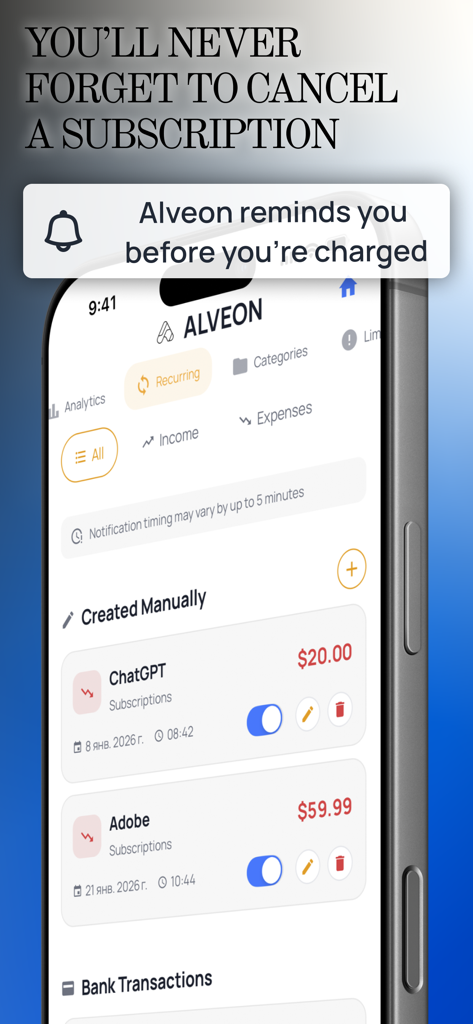 Alveon: Expense & Income Track - Alveon app interface showing recurring subscription tracking for ChatGPT and Adobe with a reminder notification bubble