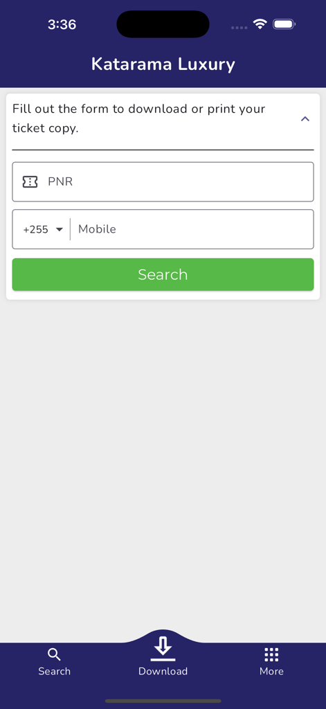 Search and download bus tickets using PNR and mobile number on Katarama Luxury app