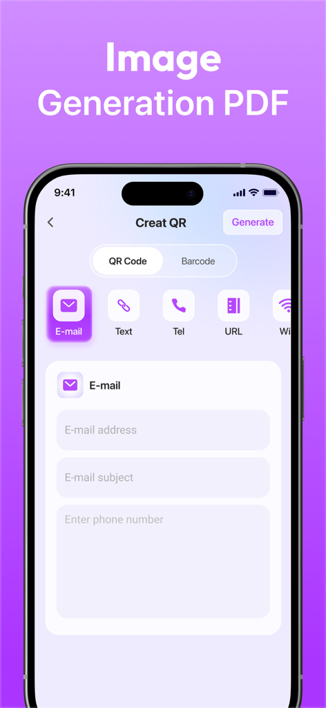 Super AI Scanner app screen for generating a custom email QR code