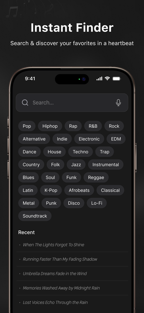 Search interface of RYT Music Player showing music genre tags and recent search history on an iPhone