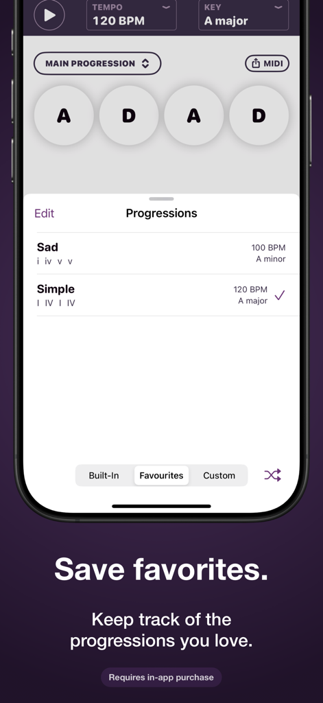 Autochords - A mobile screen showing the Autochords app interface with a list of favorite chord progressions like Sad and Simple.