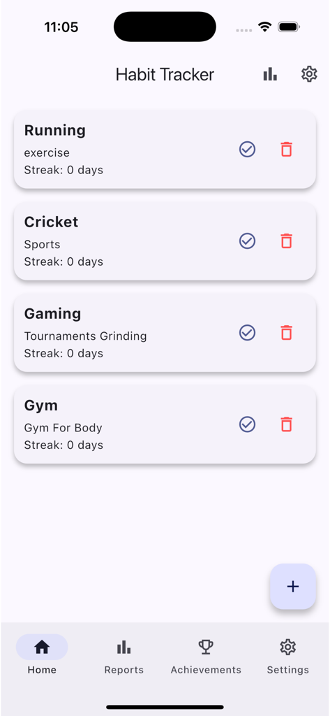 La pantalla de inicio de la aplicación rastreadora de hábitos StreakUp que muestra una lista de actividades que incluyen correr, cricket, juegos y gimnasio con sus rachas actuales