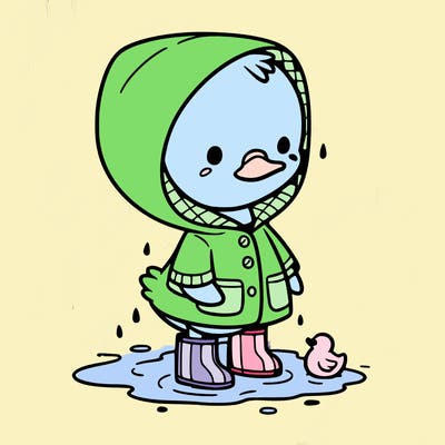 baby duck in a rain coat and boots, in a puddle while it’s raining