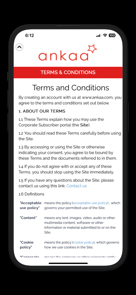 ankaa - The Terms and Conditions screen within the Ankaa mobile app for maritime professionals.