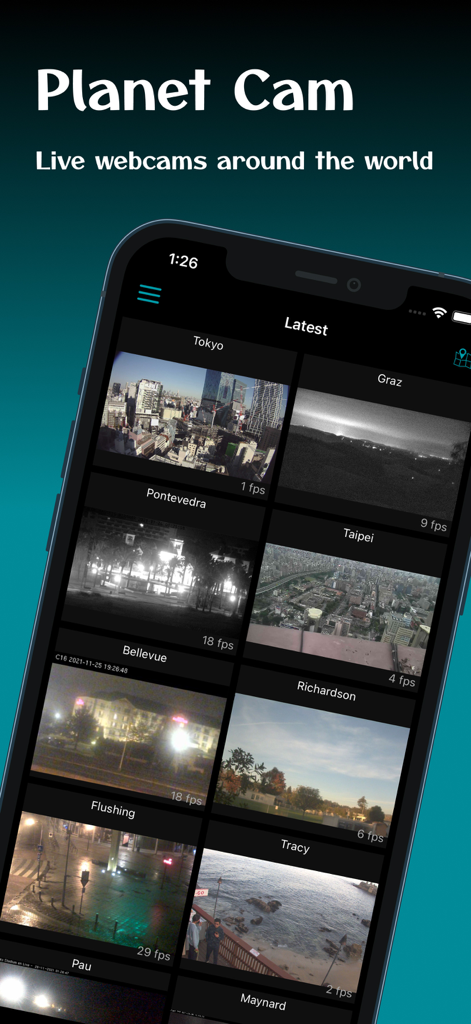 Smartphone screen displaying the Planet Cam app with a grid of live global webcam thumbnails from cities like Tokyo and Taipei.