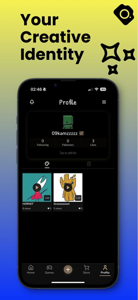 Skrawl – Draw, Guess & WIN! - Pantalla de perfil de usuario de la aplicación Skrawl que muestra dibujos y estadísticas de participación social