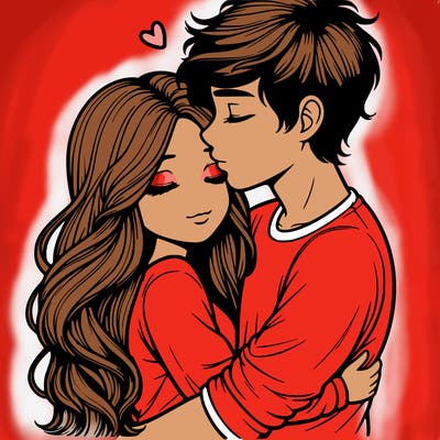 a realistic couple boy and girl hugging and kissing