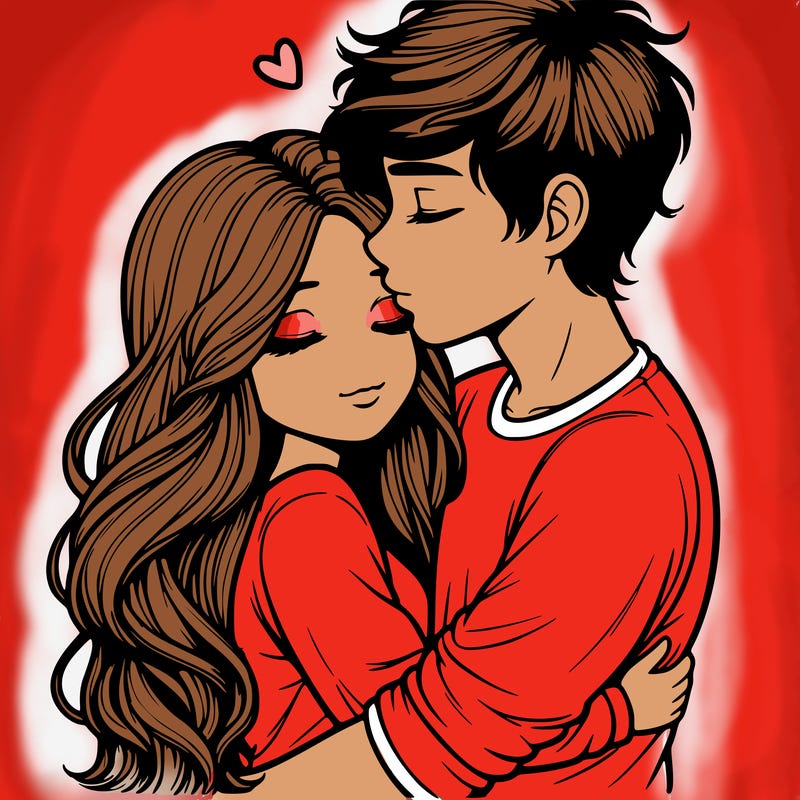 a realistic couple boy and girl hugging and kissing