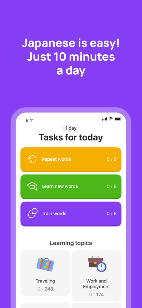 Interface of the 10 Minute Japanese app showing daily tasks to repeat, learn, and train words