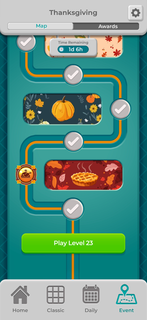 A Thanksgiving themed event map with level progression and autumn graphics in the Minesweeper app.
