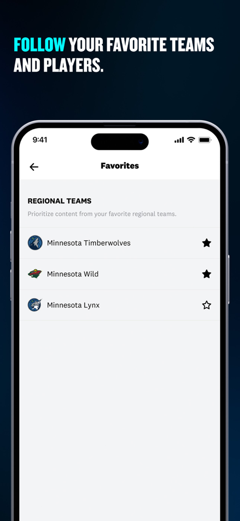 A mobile screen from the FanDuel Sports Network app showing a list of favorite regional sports teams like the Minnesota Timberwolves and Minnesota Wild.