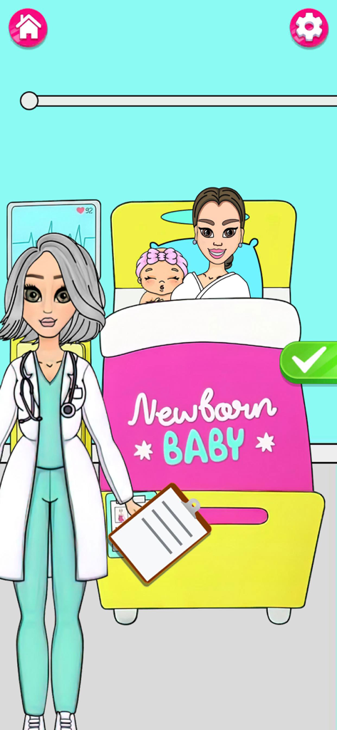 DIY Sweet Paper Doll: Dress Up - Una escena al estilo de una muñeca de papel con un personaje médico junto a una madre y su recién nacido en una cama de hospital.