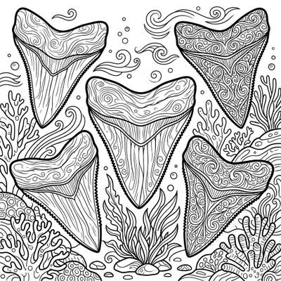 Explore the awe-inspiring power of the ancient ocean with this intricate adult coloring page featuring formidable Megalodon teeth. Unleash your artistic flair as you bring these prehistoric marvels to life amidst a detailed underwater world.