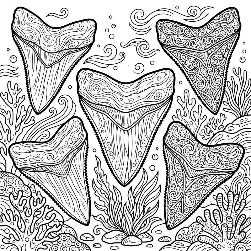 Explore the awe-inspiring power of the ancient ocean with this intricate adult coloring page featuring formidable Megalodon teeth. Unleash your artistic flair as you bring these prehistoric marvels to life amidst a detailed underwater world.