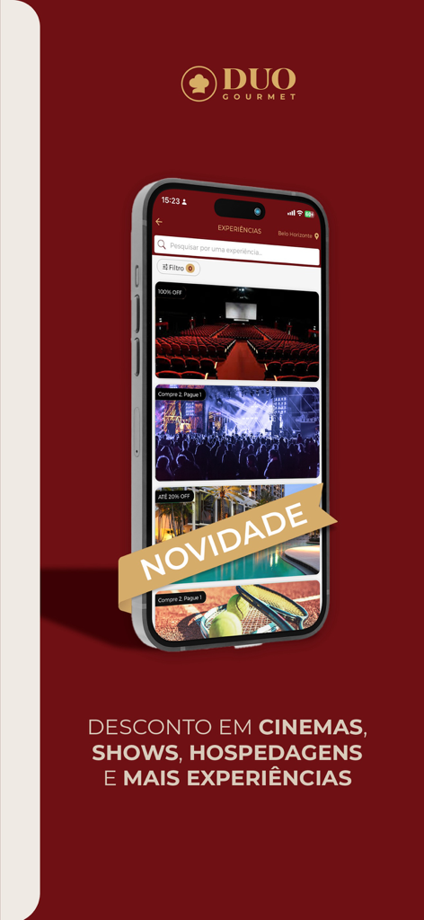 Duo Gourmet: restaurantes - Duo Gourmet app interface showing discounts for cinema concerts and travel