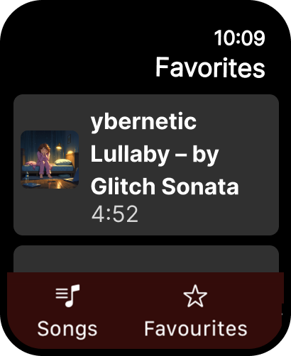 Cloudsy for SoundCloud - The favorites screen on the Cloudsy for SoundCloud Apple Watch app showing a saved track by Glitch Sonata.