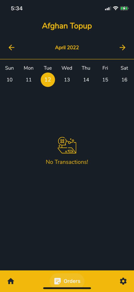 Afghan Topup - Afghan Topup app orders history screen showing a calendar with no transactions