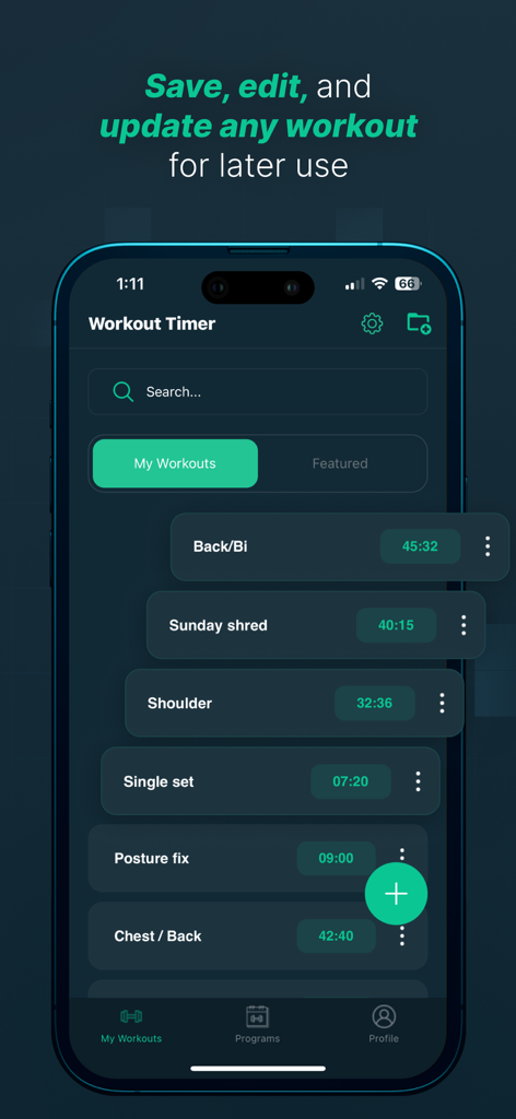 Workout Timer: Intervals & TUT - Uma interface de aplicativo móvel do Workout Timer mostrando uma lista de rotinas personalizadas salvas como Domingo de Shred e treinos de ombro.