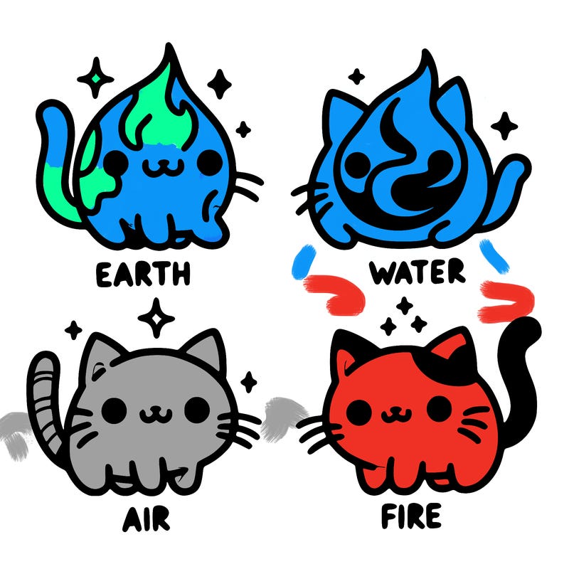 4 cats that represent the different elements, earth, water, air, and fire