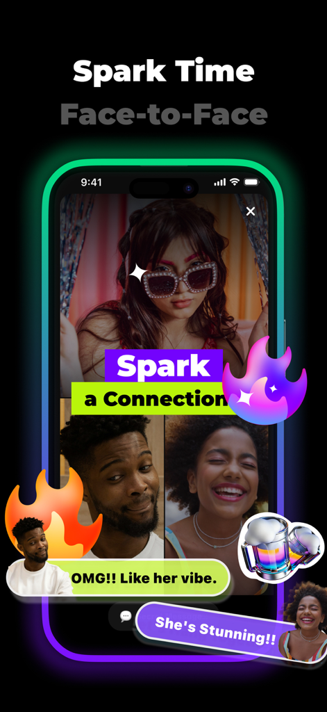 Interfaz de la app KnocKnock mostrando video chat cara a cara de Spark Time con usuarios Gen Z