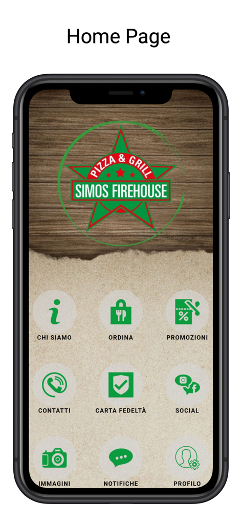 Home screen of the Simos Fire House mobile app showing pizza and grill ordering options and a loyalty program