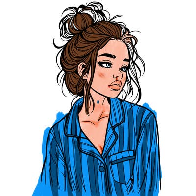 realistic woman with pajamas on and a messy bun