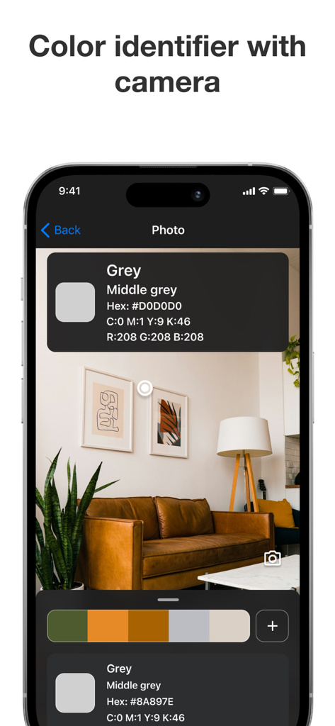 Color Identifier: Color Picker - Interfaz de la aplicación Identificador de Color identificando un color gris medio de una foto de una sala de estar, incluyendo valores HEX y RGB