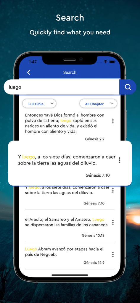Reina Valera - The Holy Bible - Search screen of the Reina Valera Bible app displaying verses in Spanish with highlighted keywords