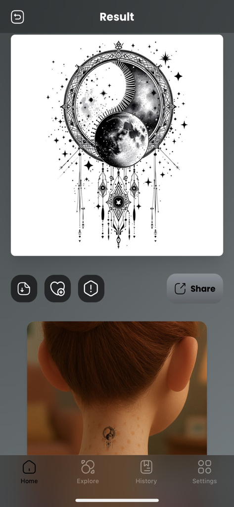 AI Tattoo Designer : Generator - A detailed celestial moon and yin-yang tattoo design generated by AI with a preview of the design on a person's neck