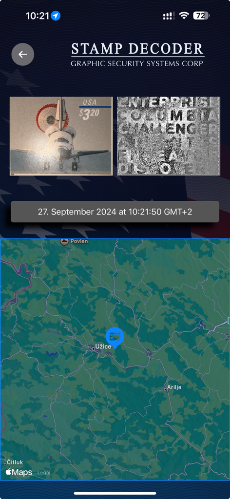 Digital Stamp Decoder - La interfaz de la aplicación Decodificador Digital de Sellos que muestra un sello Shuttle del USPS decodificado revelando nombres como Columbia y Challenger junto a un mapa de ubicación.