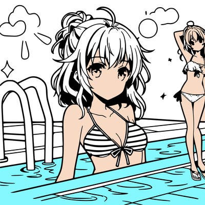 anime girl at pool in a swimsuit