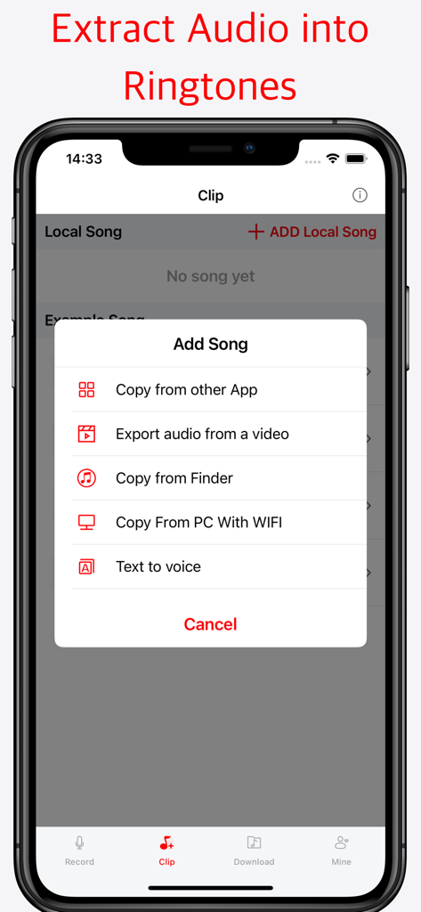 Ringtone DIY - Make it unique - Pantalla de la aplicación Ringtone DIY que muestra opciones para extraer audio de video u otras aplicaciones para crear tonos de llamada personalizados.
