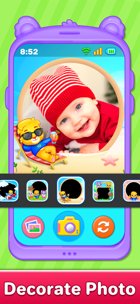 Interface of Baby Phone app showing a photo of a baby decorated with cartoon frames and characters.