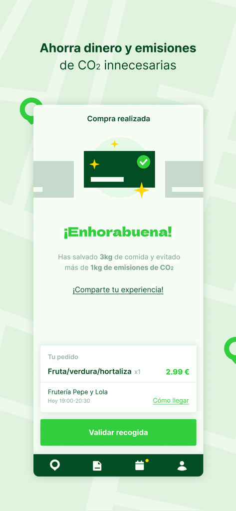 Coometas - Coometas app order confirmation screen showing food saved and CO2 reduction