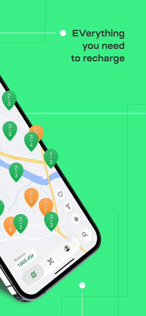 ECOFACTOR EV Charging - Smartphone screen displaying the ECOFACTOR EV Charging map with real time station availability pins