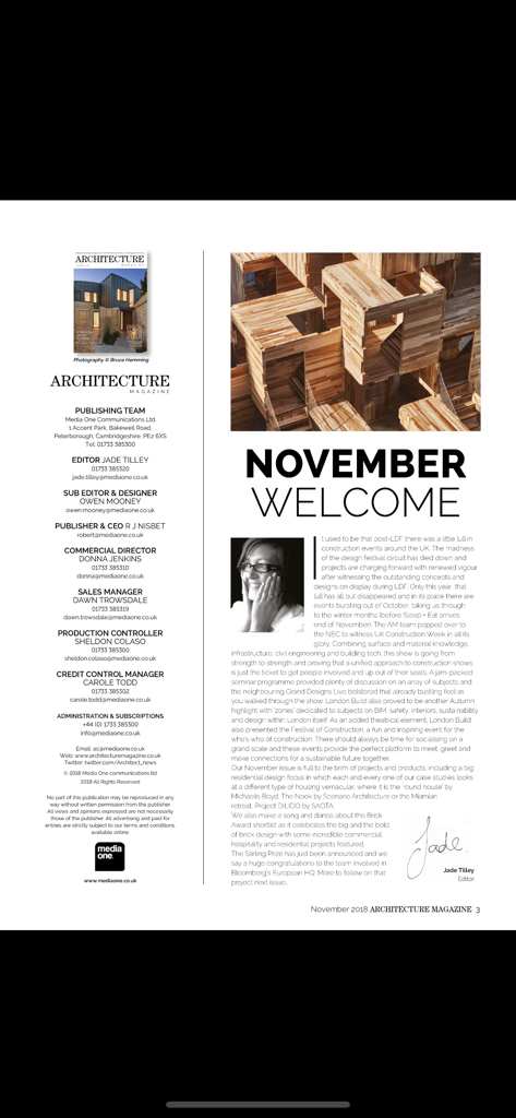 Editorial welcome page of Architecture Magazine featuring a timber structural model and the editorial team information.
