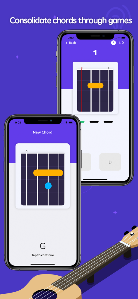 ukulele chords pro - uke chord - Interfaz de la aplicación Ukulele Chords Pro que muestra diagramas de acordes y juegos de aprendizaje en dispositivos móviles