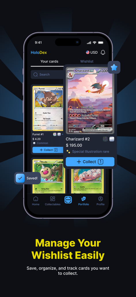 The wishlist screen of the HoloDex app showing Pokemon cards with prices and collection options