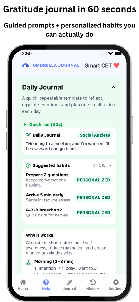 Umbrella Journal : Smart CBT - ソーシャル不安管理のための毎日のCBTプロンプトとパーソナライズされた習慣を示すUmbrella Journalアプリのインターフェース。